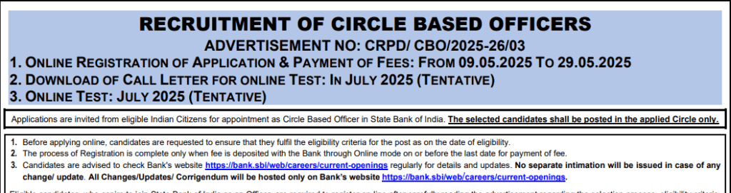 SBI CBO Recruitment 2025
